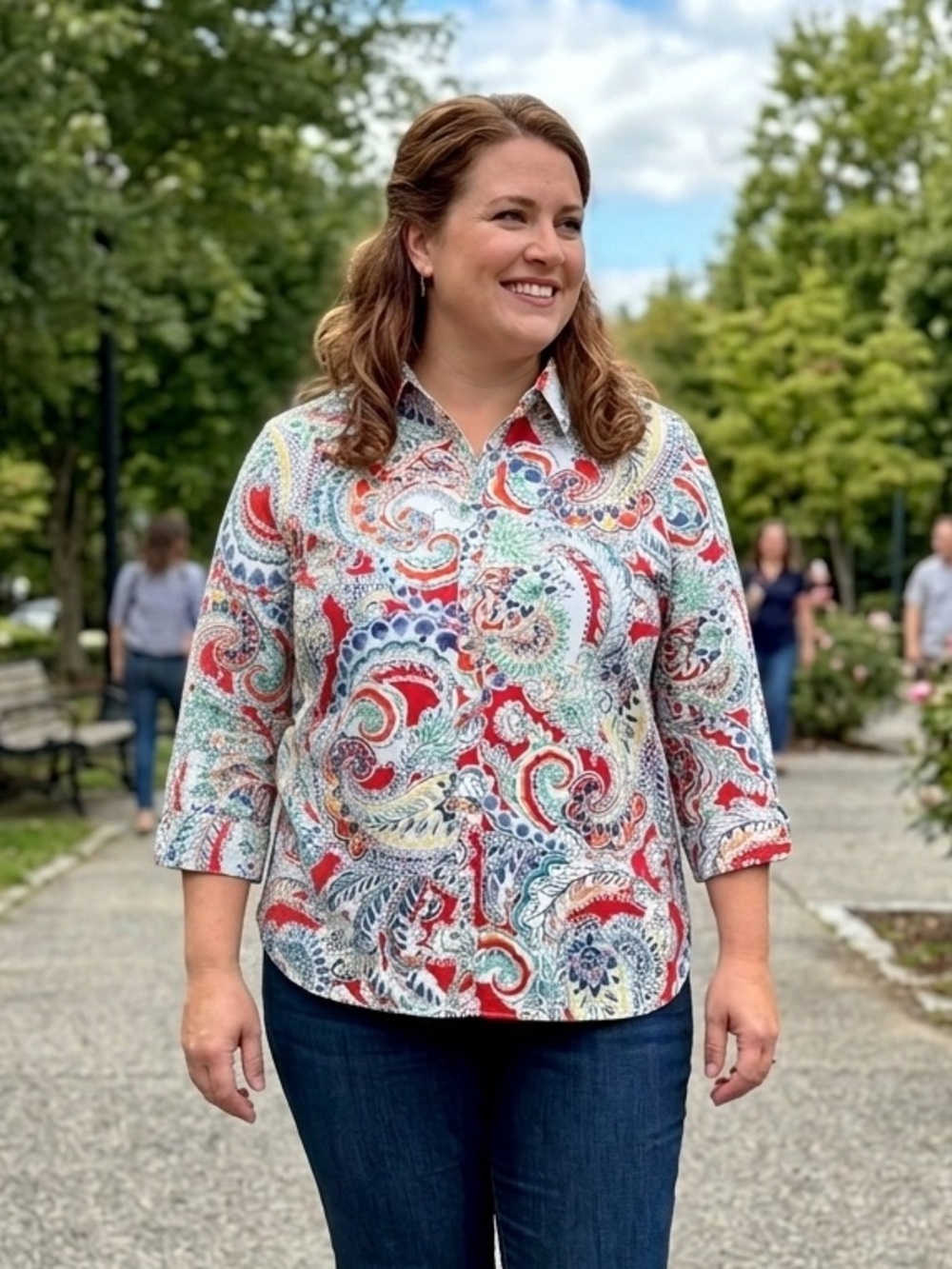 CHAPS Paisley Red White Blue 3/4 Sleeve Shirt Blouse 3X 4th Of July Patriotic